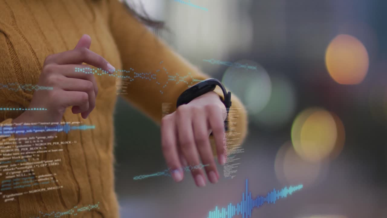 animación de procesamiento de datos sobre mujer biracial usando reloj inteligente