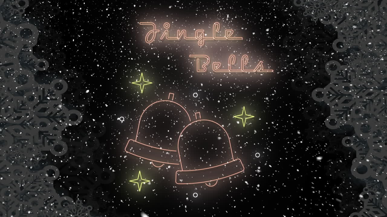 크리스마스 때 종과 눈이 떨어지는 jingle bells 텍스트의 애니메이션