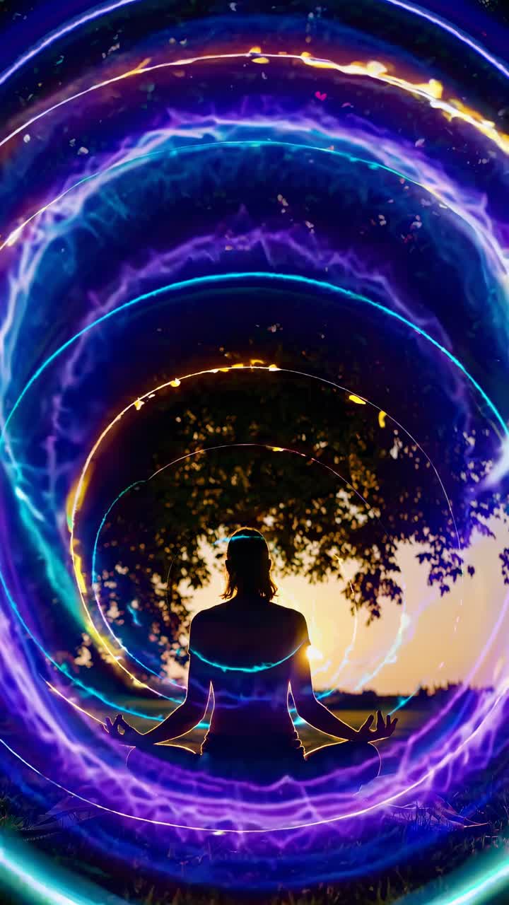 A mesmerizing video still of a person meditating outdoors, captured from behind at eye level