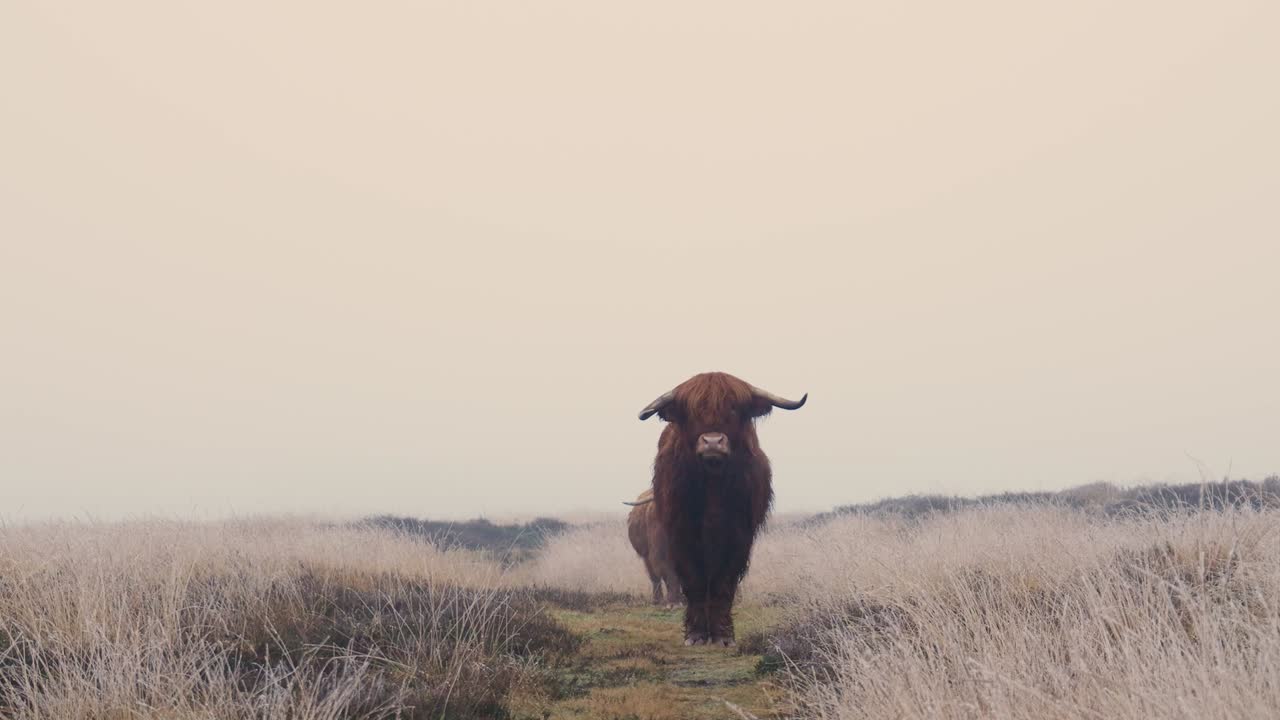 el ganado de las tierras altas en un prado de niebla