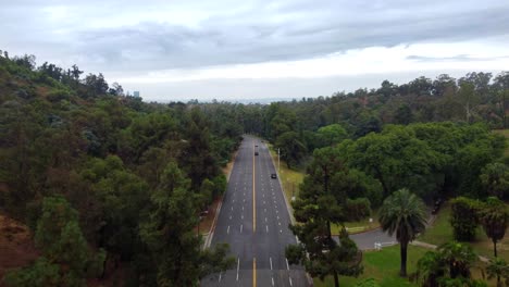 Aerial-view-cars-driving-on-highway-through-forest