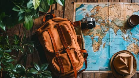 a backpack, hat, camera, coffee and a map on a wooden table