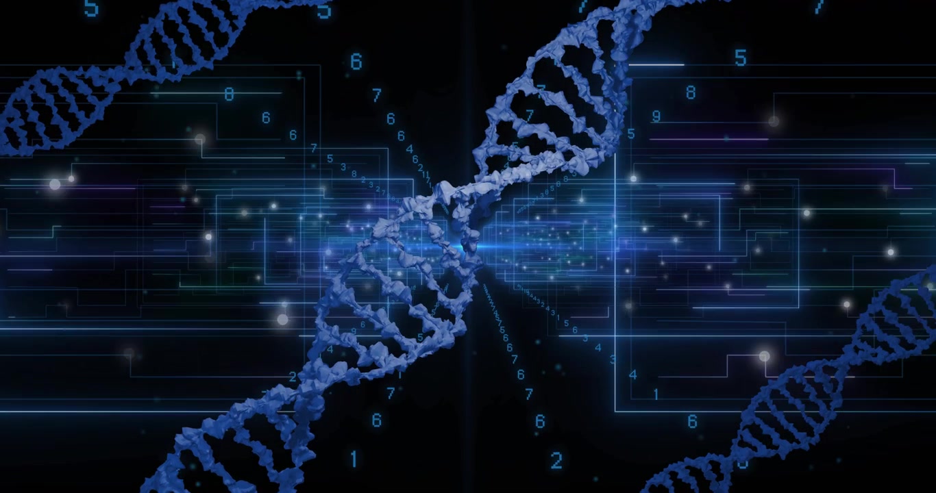 Bright core igniting double-helix, helix rotating, pulsing and streaming digits, visualizing data