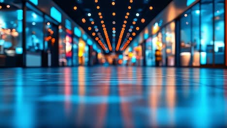 bright lights shine in shops. colorful lights create an inviting atmosphere in a modern shopping corridor filled with various store displays.