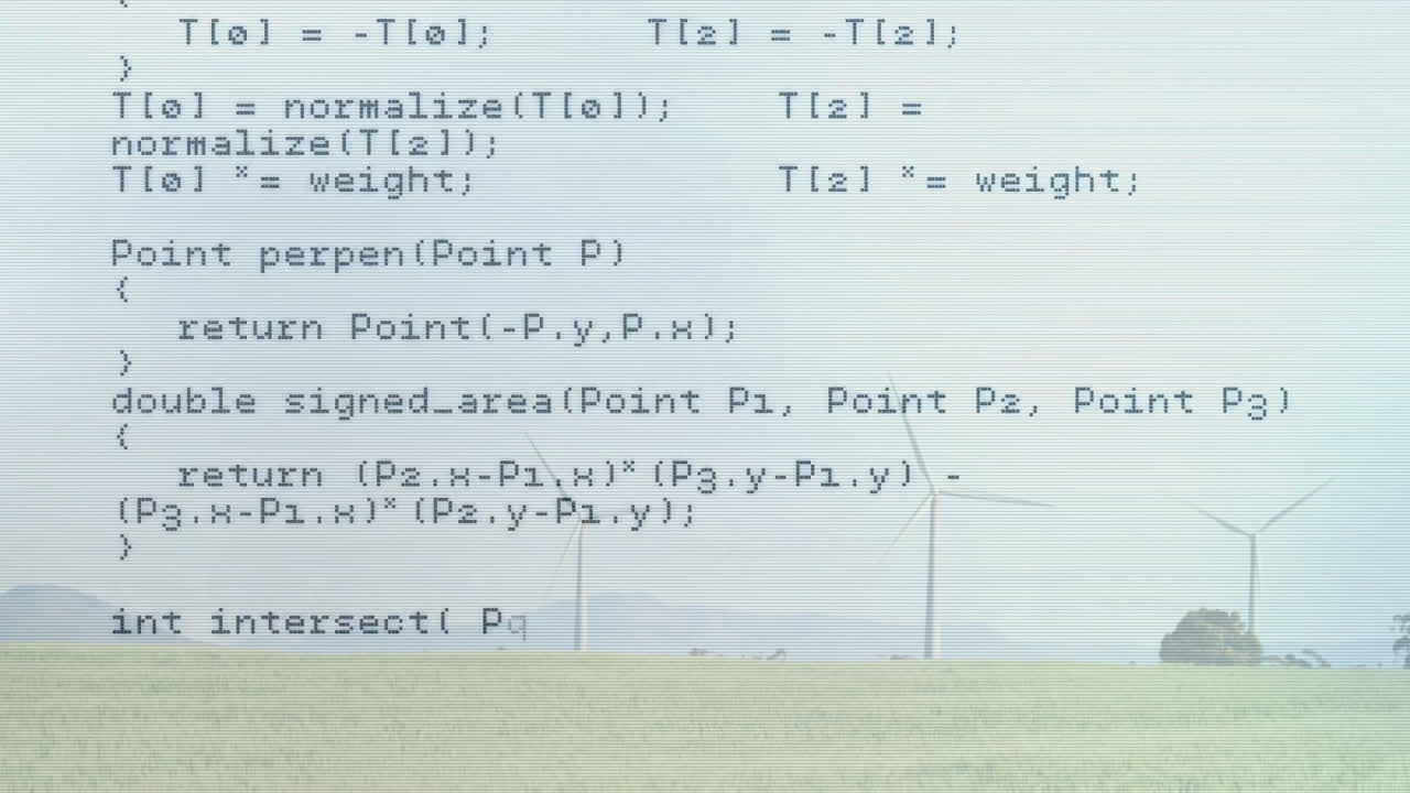 Three wind turbines spinning blades across grassy plain while faint code overlay scrolling