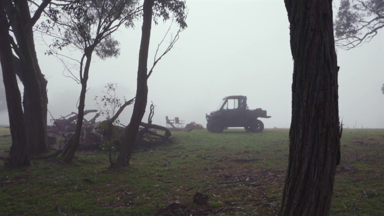 Ripresa con gimbal in movimento attraverso alberi di eucalipto che rivela un ATV in un pascolo coperto di nebbia nelle Southern Highlands del Nuovo Galles del Sud, Australia