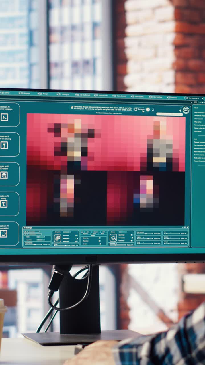 Vertical video Employee in home office making AI software turning text prompt into photos