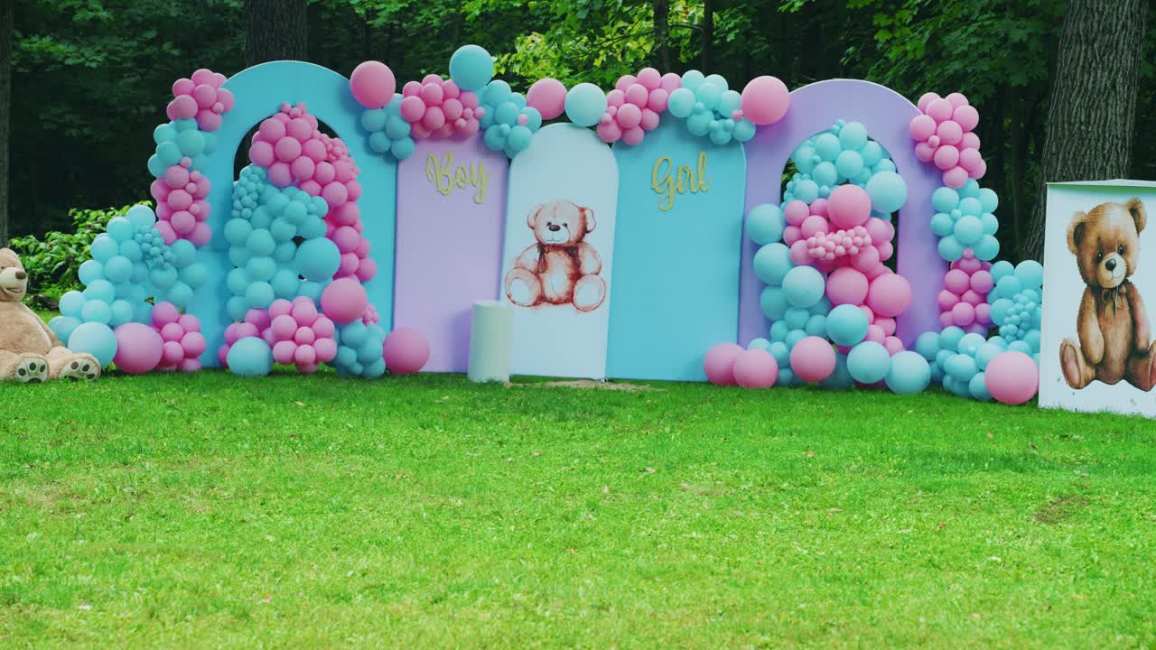 Fiesta de revelación de género de niño o niña al aire libre, hermoso telón de fondo con globos de colores rosa y azul y osos de peluche para que los invitados se tomen fotos