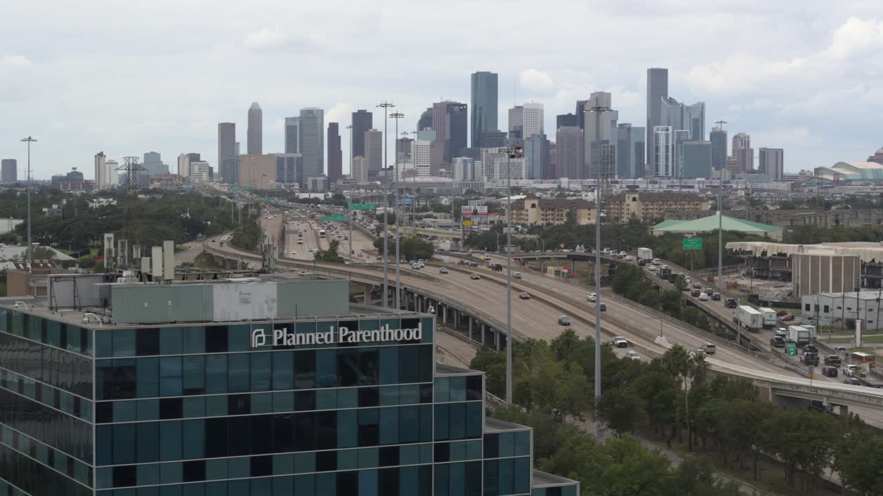 Aerial view of Planned Parent Hood and Houston cityscape