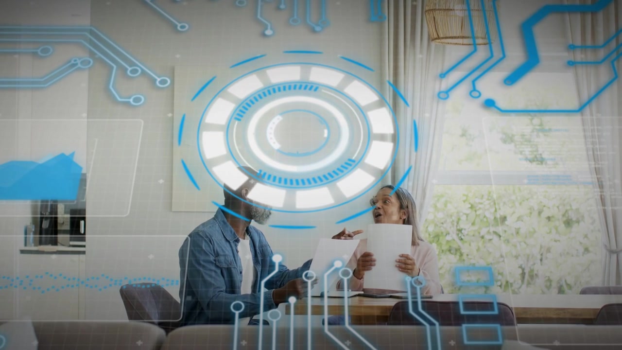 Man and woman reviewing home finance papers at table, exchanging pages causing blue HUD highlights