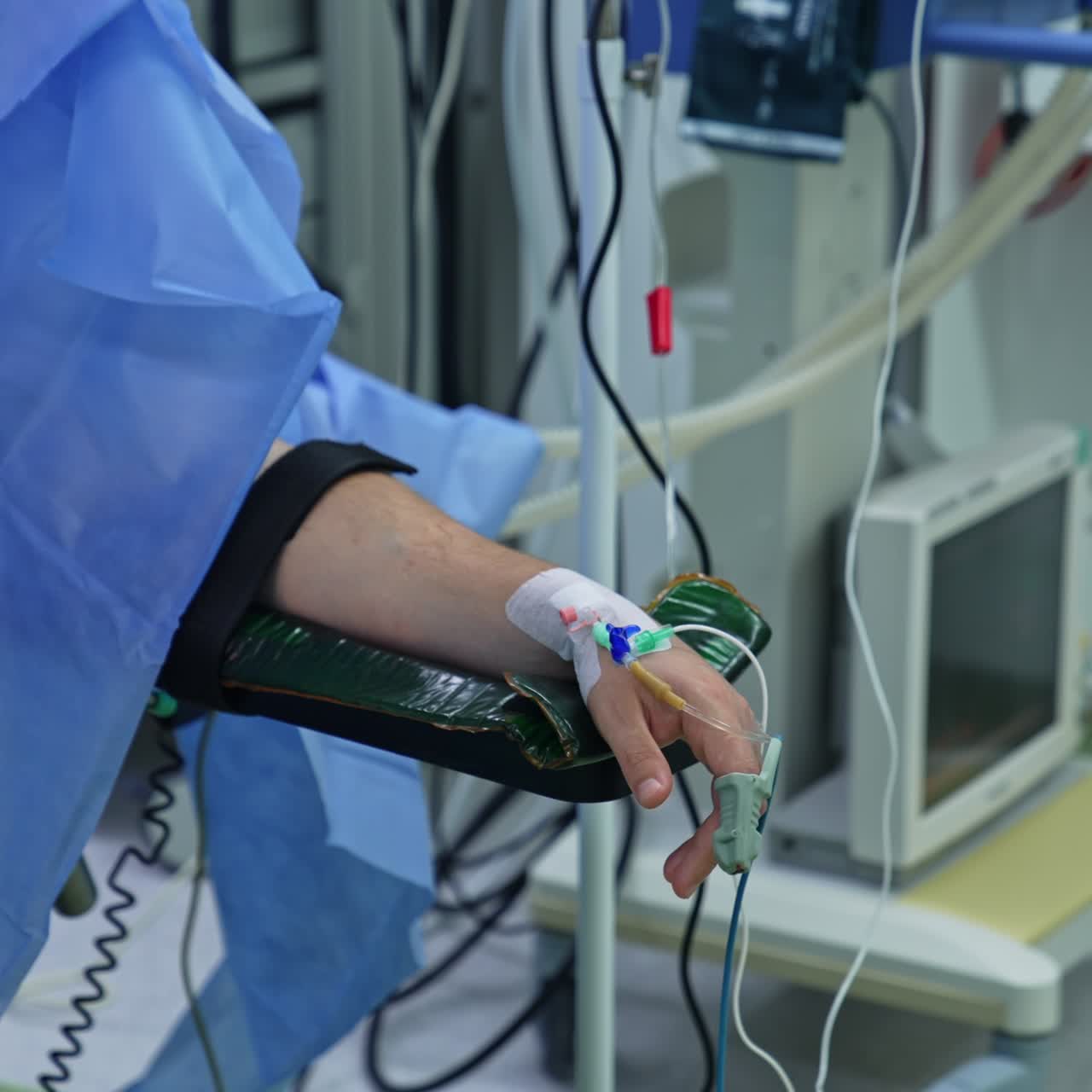 Hand of male patient with connected sensor and tubes. Person under surgery. Close up with gradual distancing