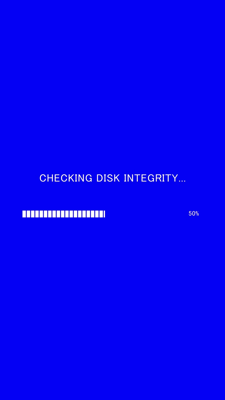 Vertical video of loading progress bar with on-screen text checking disk integrity on blue background