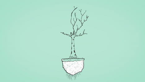 tree with bare branches and floating soil animation on green background
