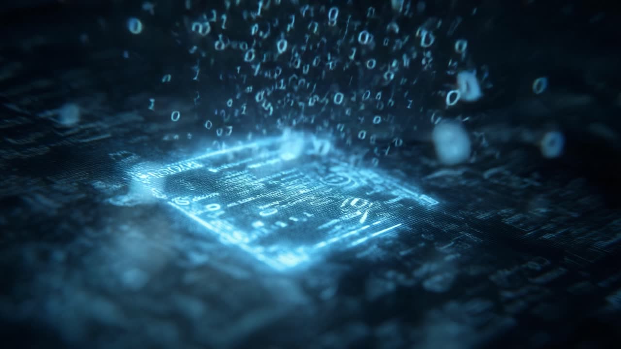 Futuristic central processor unit performing complex data calculations with binary numbers floating in a digital environment, representing big data processing, computing, and information transfer