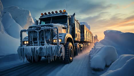 heavy truck navigating a snowy road at dusk in a cold landscape