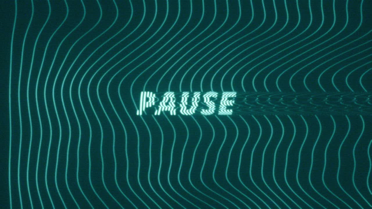 Animated Pause text with glitch and distortion effects over dynamic wavy blue lines in a digital abstract style