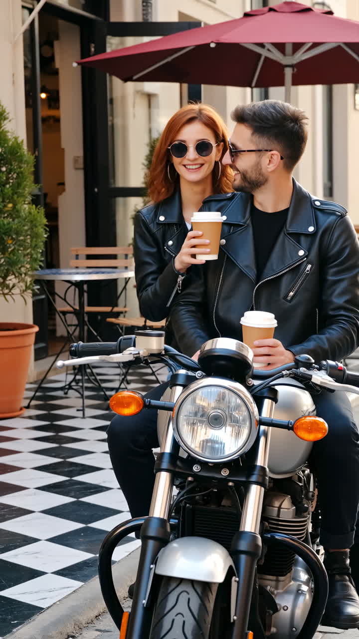 Coppia elegante in moto che si gode un caffè in città