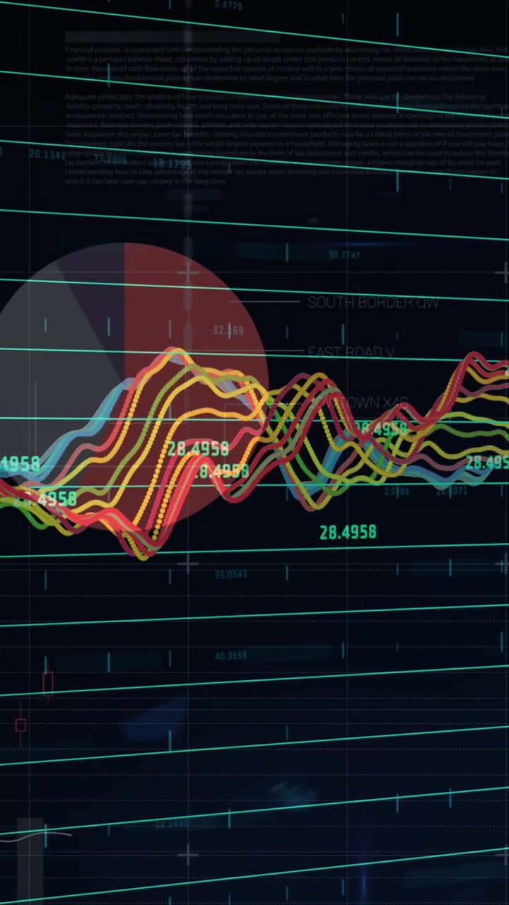 Animazione di grafici e dati finanziari su sfondo nero