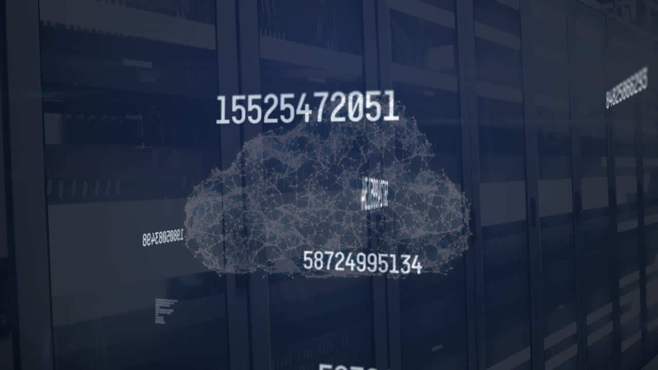 Animation of data processing and cloud over server room