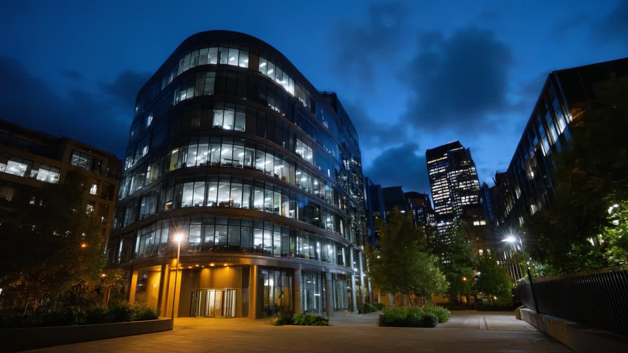 Edifício urbano moderno iluminado à noite em uma paisagem urbana com arranha-céus e vegetação exuberante, vitrine de arquitetura contemporânea e vibrações noturnas