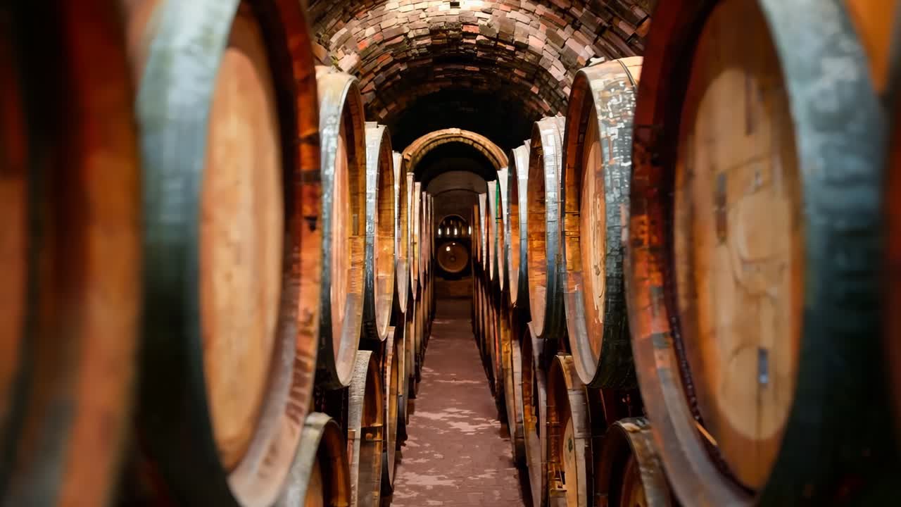 Una fila di botti di vino in legno allineate in una cantina