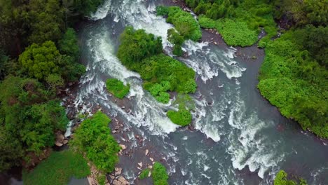 aerial view capturing the river nile rapids cascading through vibrant green vegetation in uganda, africa, showcasing a stunning and pristine natural landscape filled with beauty, top down drone shot