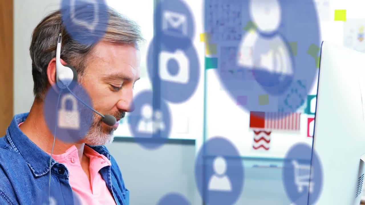 animación de iconos azules volando sobre un hombre usando auriculares de teléfono en casa