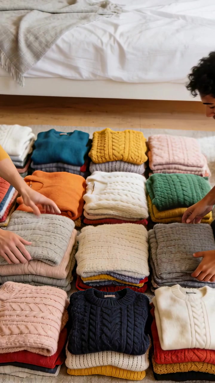 Vertical video: Reaching man and helper aligning folded sweaters at foot of bed, making tidy grid