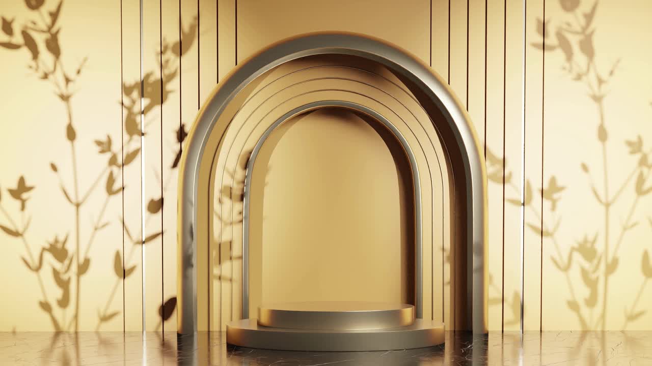 diseño de soporte de exhibición de productos con sombra de hojas de árboles en animación de renderización 3d, sitio web de comercio electrónico venta descuento puesta de sol naturaleza dorada