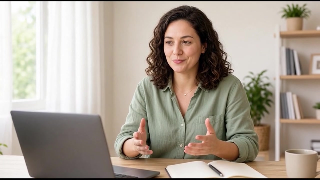Professional Woman Having a Video Call on Laptop in Home Office