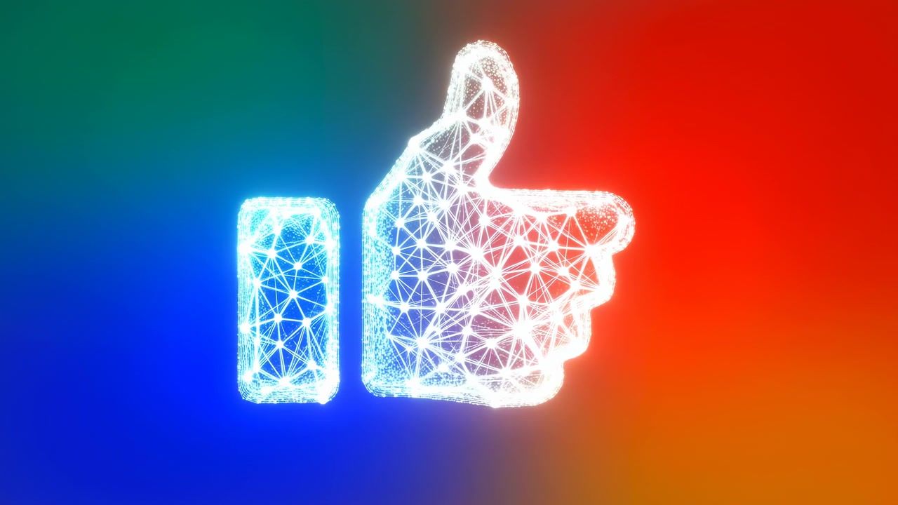A bright wireframe thumbs up symbol glows near the center beside a small rectangular icon shape, set against a smooth blue, green, and red gradient background