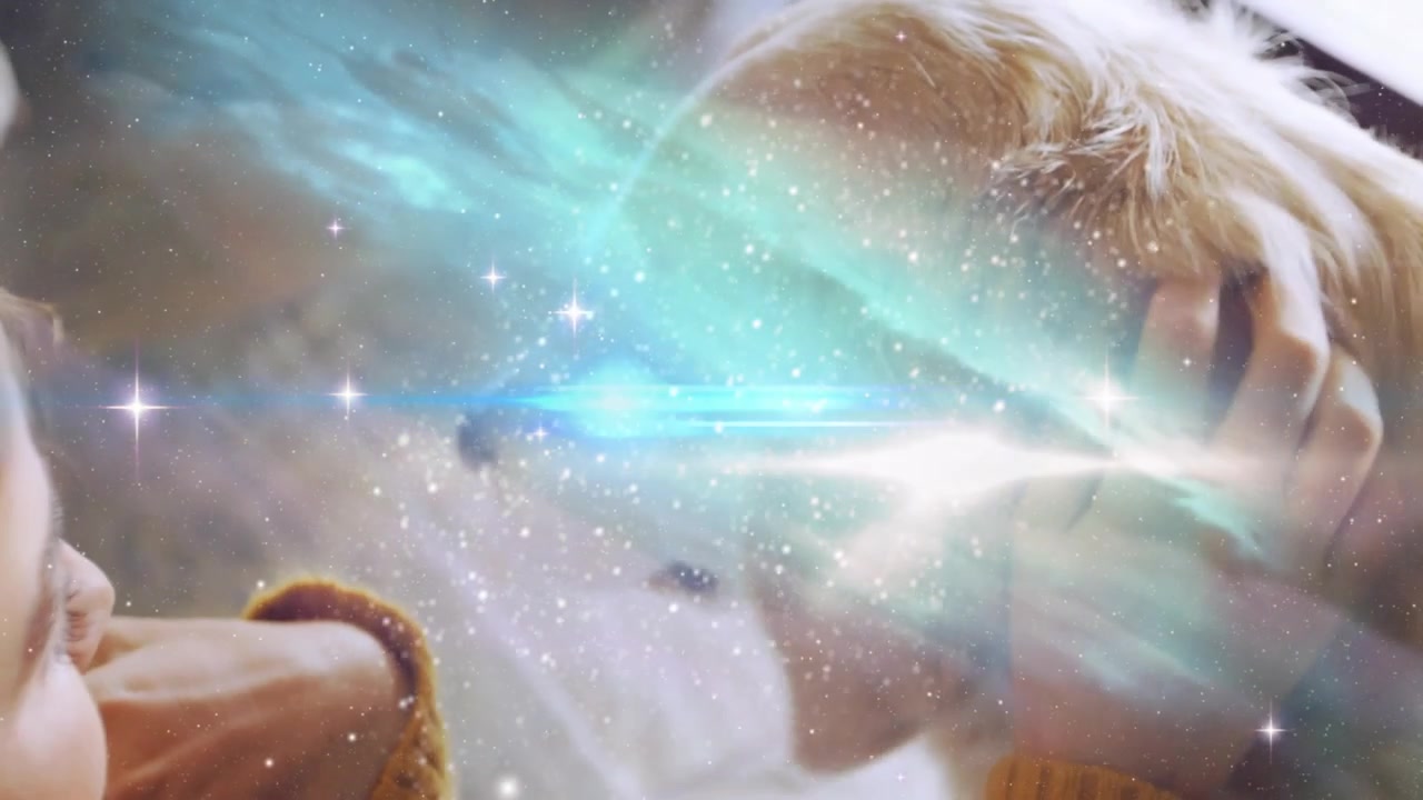 Woman cradling dog, lifting phone and checking while nebula overlay shimmering over face for tech