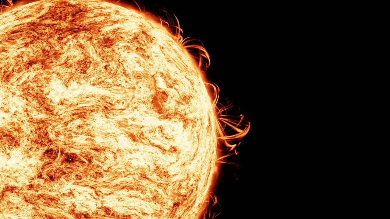 солнечной поверхности, 3d-рендер, реалистичный, анимация, глубокий космос, солнечные вспышки, солнечные вспышки, лава