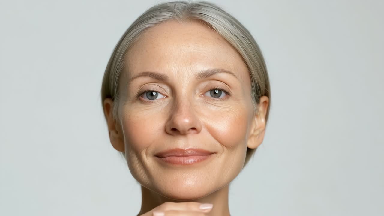 Close-up shot of a mature woman gently touching her face, highlighting skincare