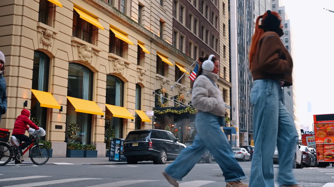 Nueva York, EE. UU., 5 de diciembre de 2025: persona paseando a un perro delante de la entrada de un hotel decorada para las fiestas. Una persona pasea a un perro pequeño con ropa cruzando la calle cerca de la entrada de un hotel decorada para las fiestas, con toldos amarillos y coches aparcados.