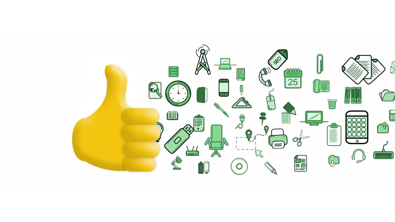 Animation of thumbs up and office equipment emoji icons over white background