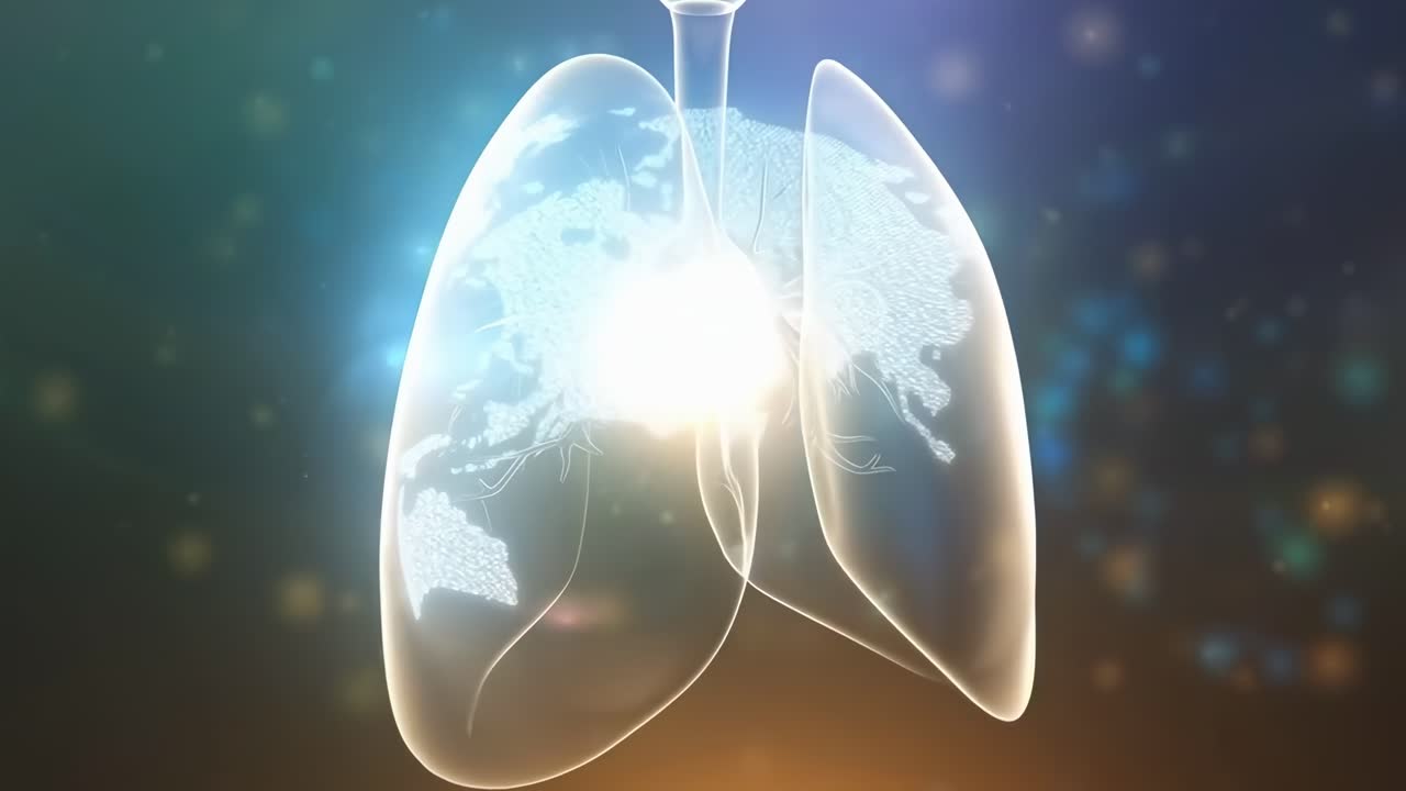 Concept video futuristico di polmoni trasparenti con reti luminose, vista frontale
