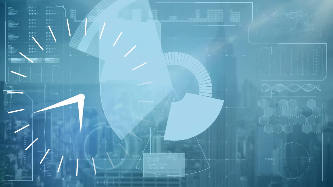 도시 풍경 배경에서 시계와 데이터 시각화를 애니메이션화합니다.