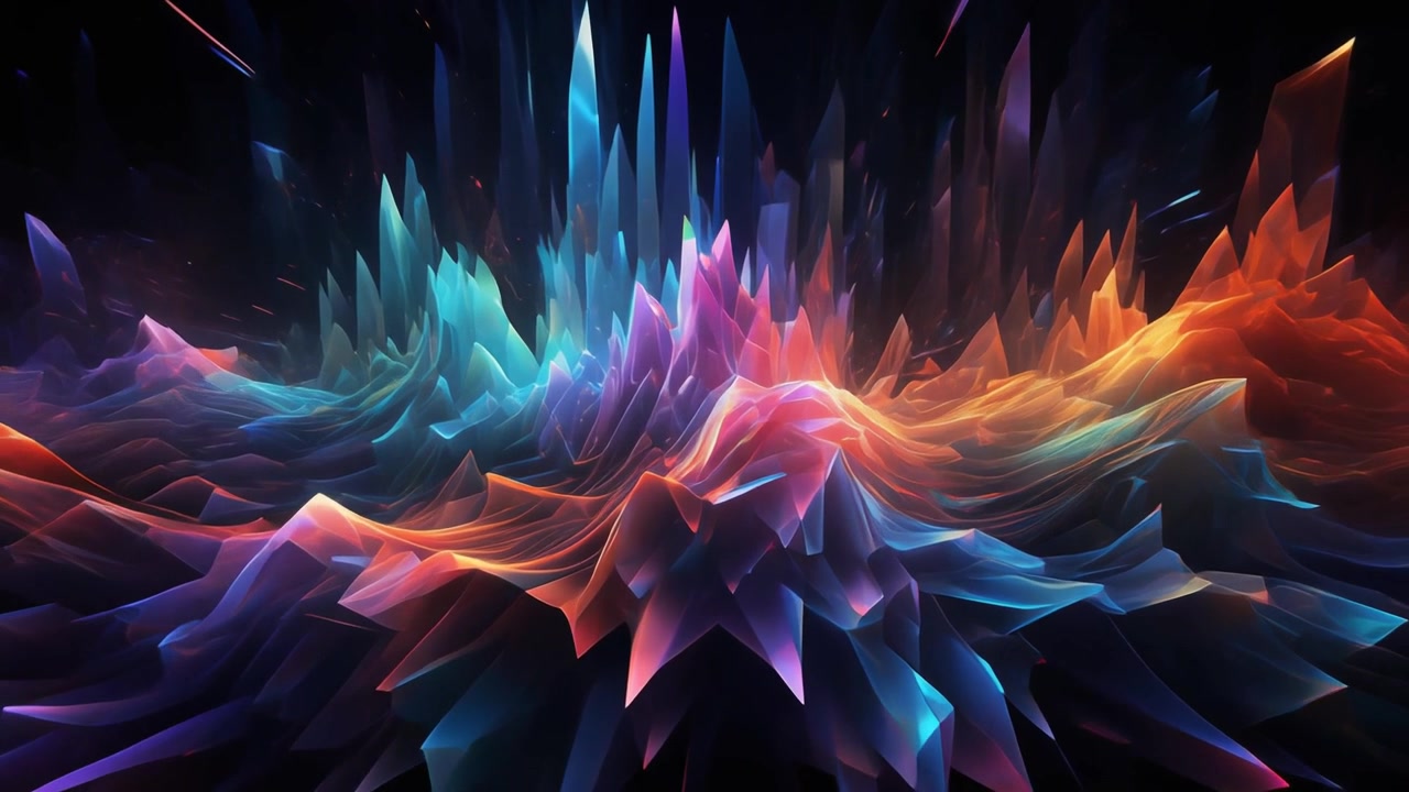 Forme d'onde numérique abstraite avec des structures cristallines lumineuses et vibrantes
