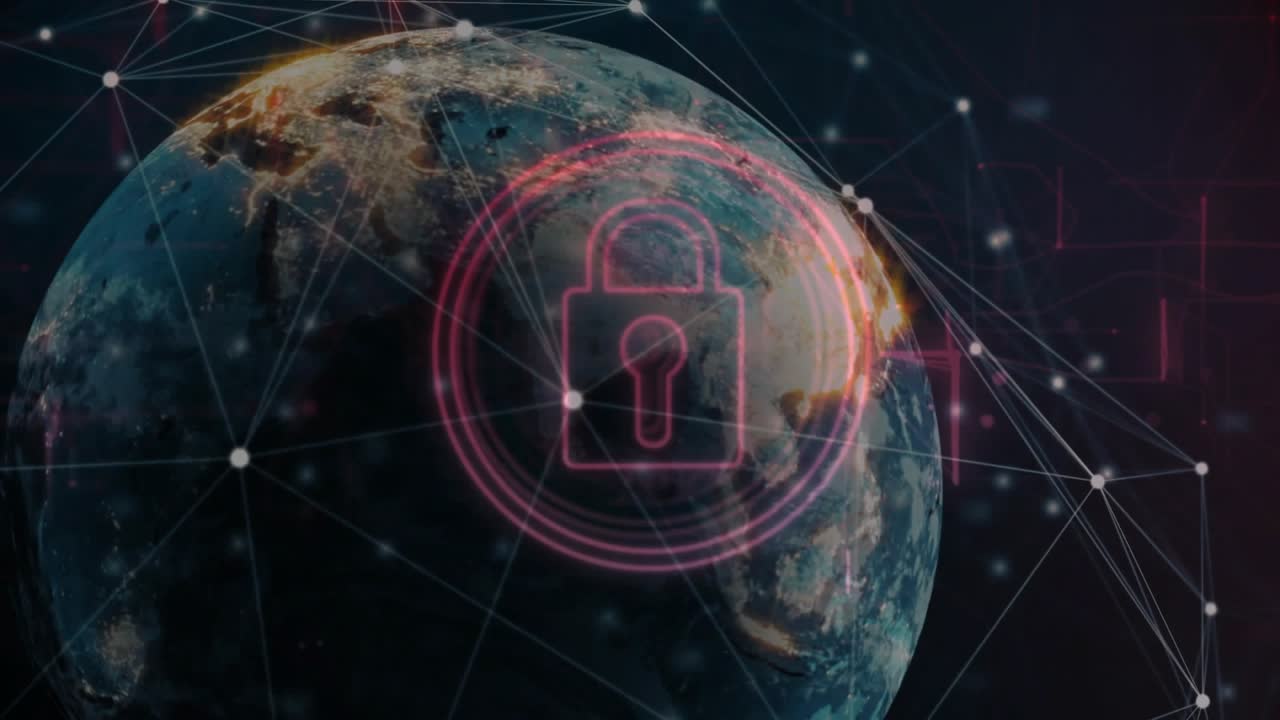 Rotating Earth revealing node web, pulsing lock icon, fading label signaling security