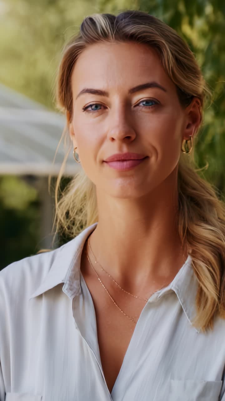 Sikker ung kvinde smiler i naturlige omgivelser med blød belysning, iført et afslappet, men stilfuldt look, og udstråler positiv energi og varme