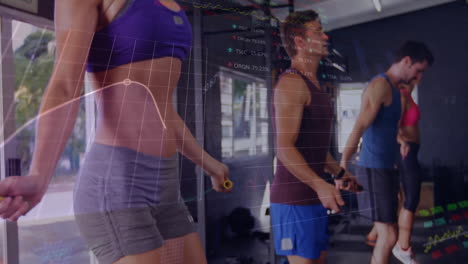 hacer ejercicio en el gimnasio, personas con superposición de animación de datos del mercado de valores