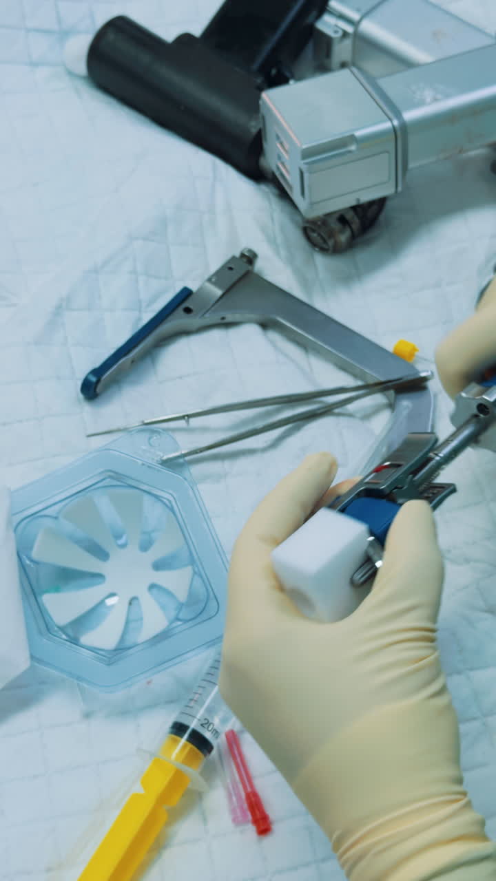 Surgeon's gloved hands working with instruments and an implant component on a sterile table. A vertical close view of the precise preparation of materials for an orthopedic procedure