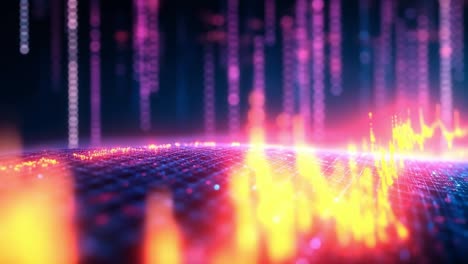 Vivid abstract sound wave art. Colorful sound waves cascade over a grid-like surface, creating an engaging digital visualization of audio frequencies.