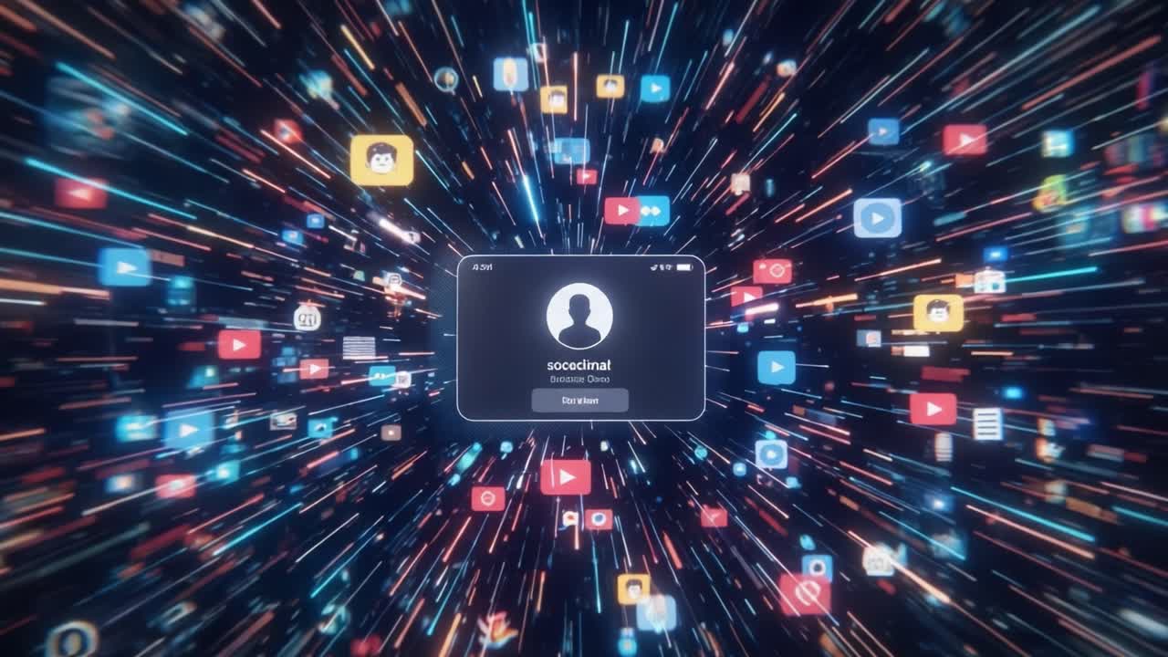 Visualizzazione Dinamica delle Interazioni sui Social Media con Varie Piattaforme Rappresentate da Icone Colorate e Sfondi Animati, Evidenziando la Connettività Digitale