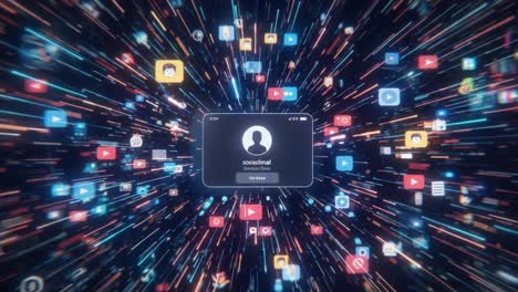 dynamic visualization of social media interactions with various platforms represented by colorful icons and animated backgrounds, highlighting digital connectivity