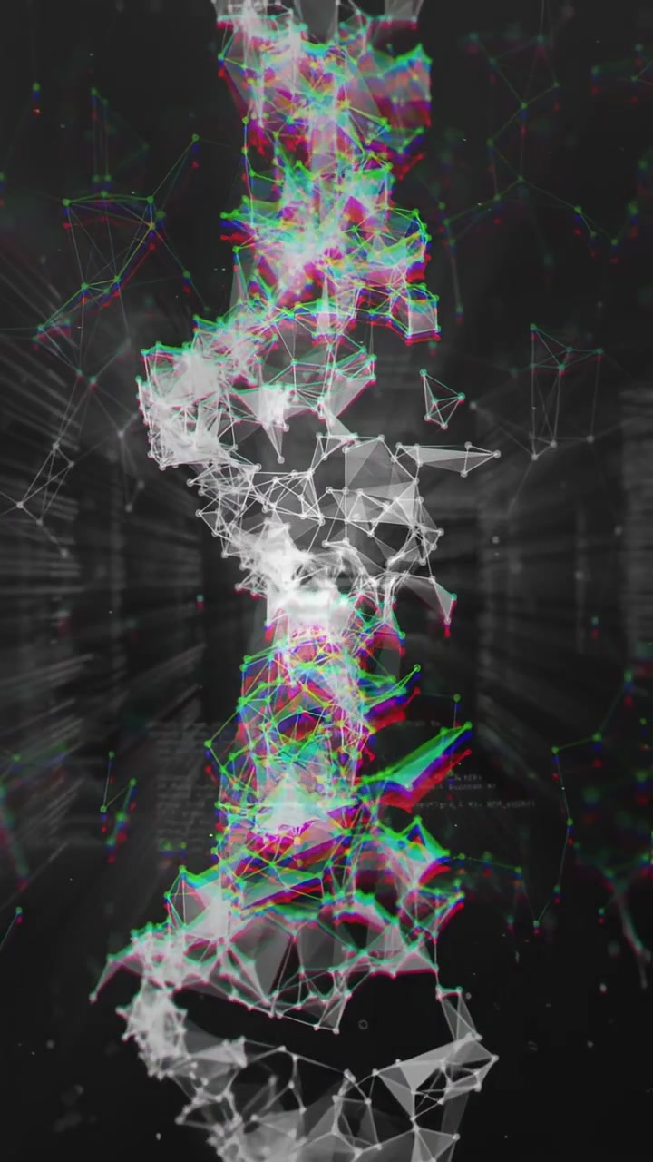 Vertical video: Reacting to data vertical mesh growing pulsing in dark rack showing data, RGB edges