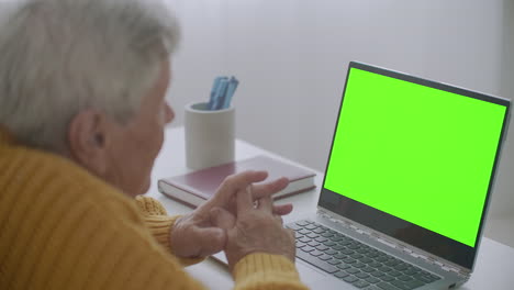 Mujer-Madura-Asintiendo-Con-La-Cabeza-Mientras-Mira-Una-Computadora-De-Pantalla-Verde.-Anciana-Madura-Con-Pelo-Gris-Y-Una-Videollamada-En-Su-Computadora-Portátil.-Portátil-Con-Pantalla-Verde