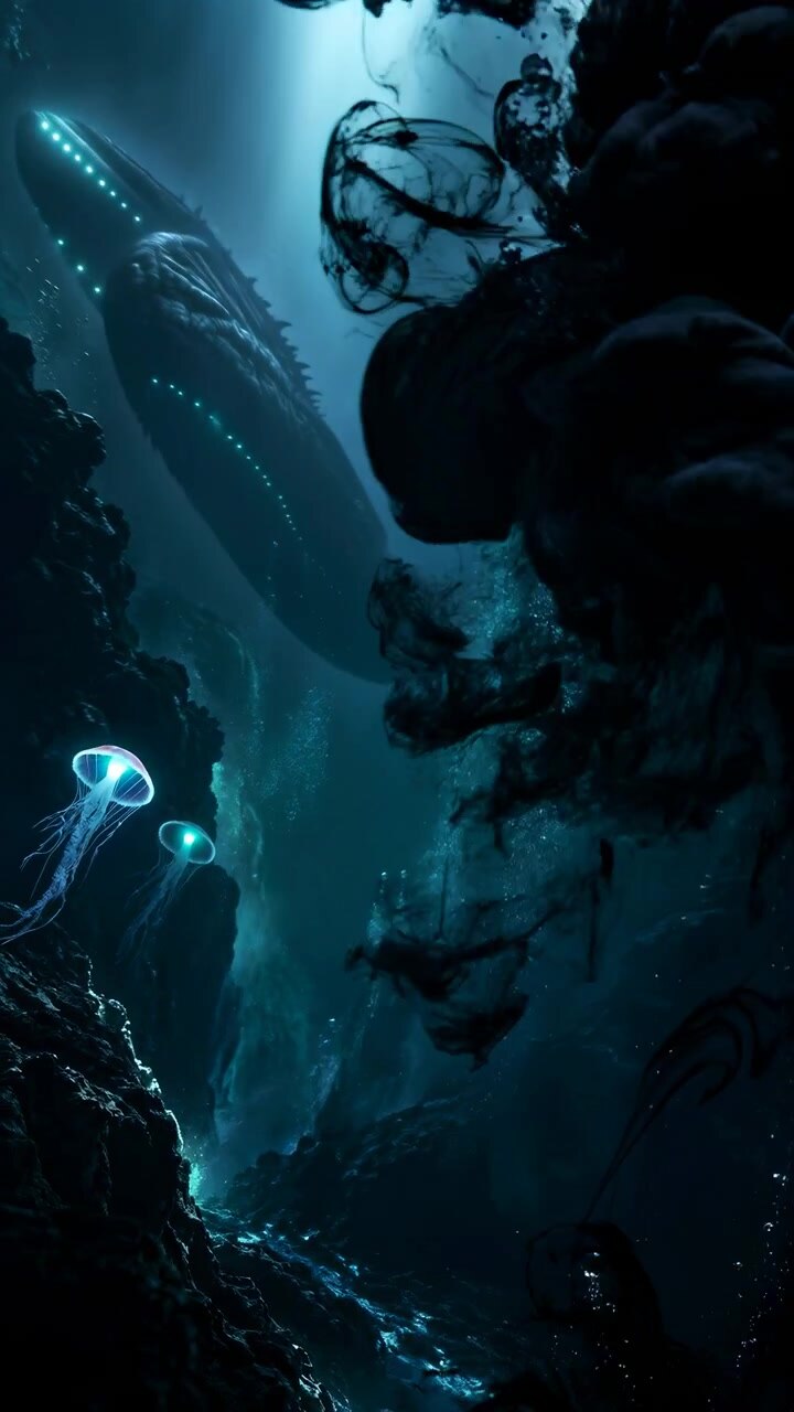 Una vista dal basso segue l'enorme creatura acquatica mentre si muove tra formazioni rocciose in ombra, mentre meduse traslucide brillano sotto e flussi di bolle salgono verso una luce ciano filtrata.