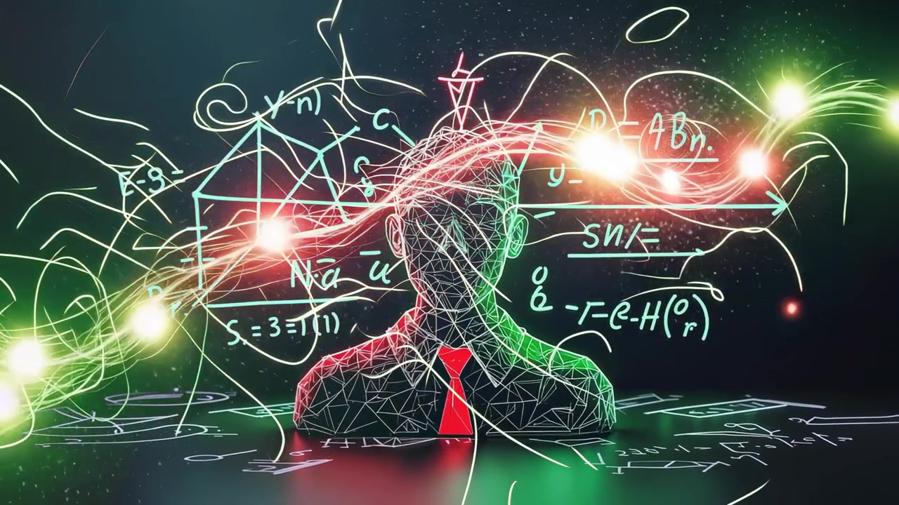 Emerging neon particle wave skirting wireframe bust in red tie, illuminating math formulas in void